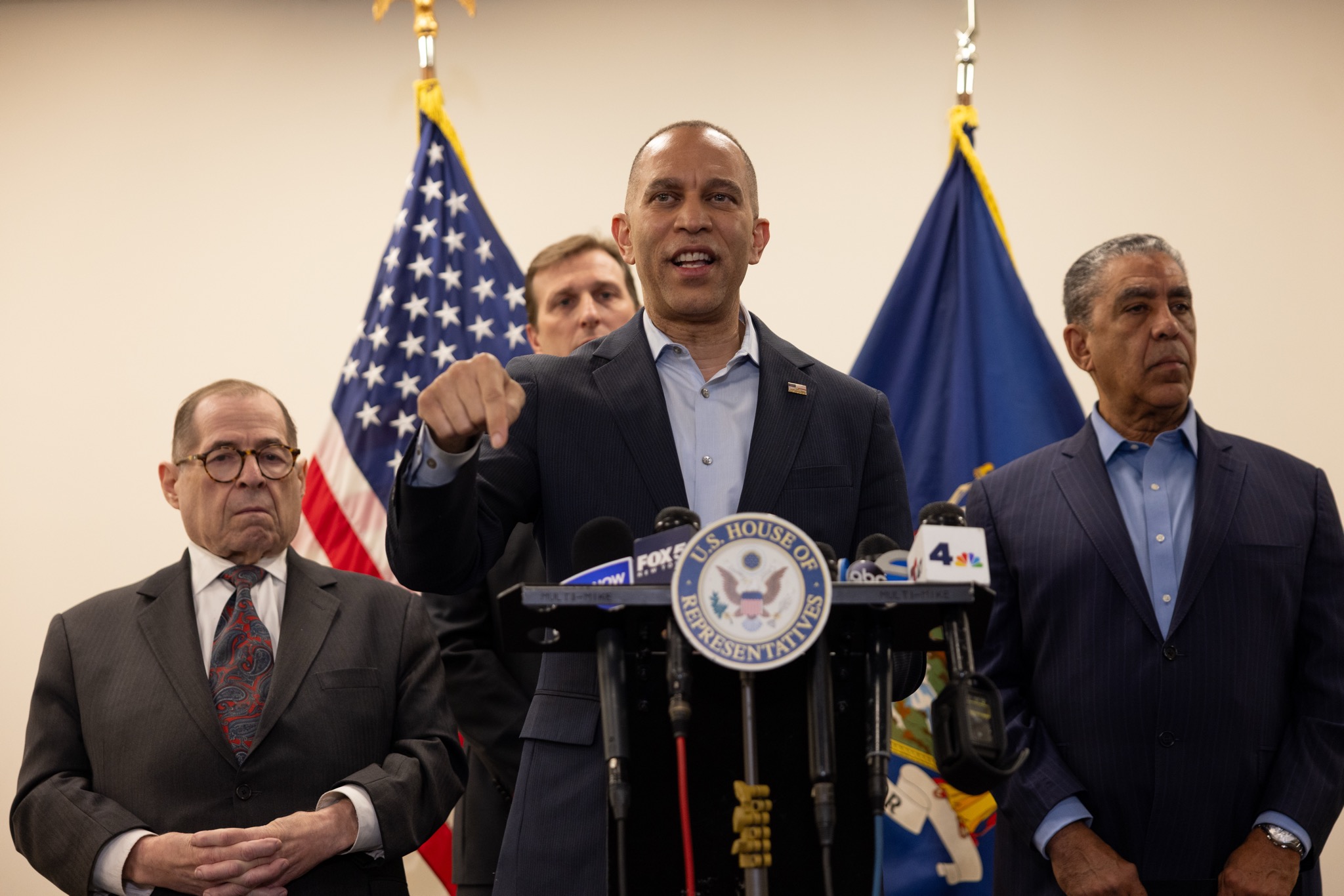 Leader Jeffries (center) joined by (from left) Rep. Jerry Nadler, Rep. Dan Goldman and Rep. Adriano Espaillat