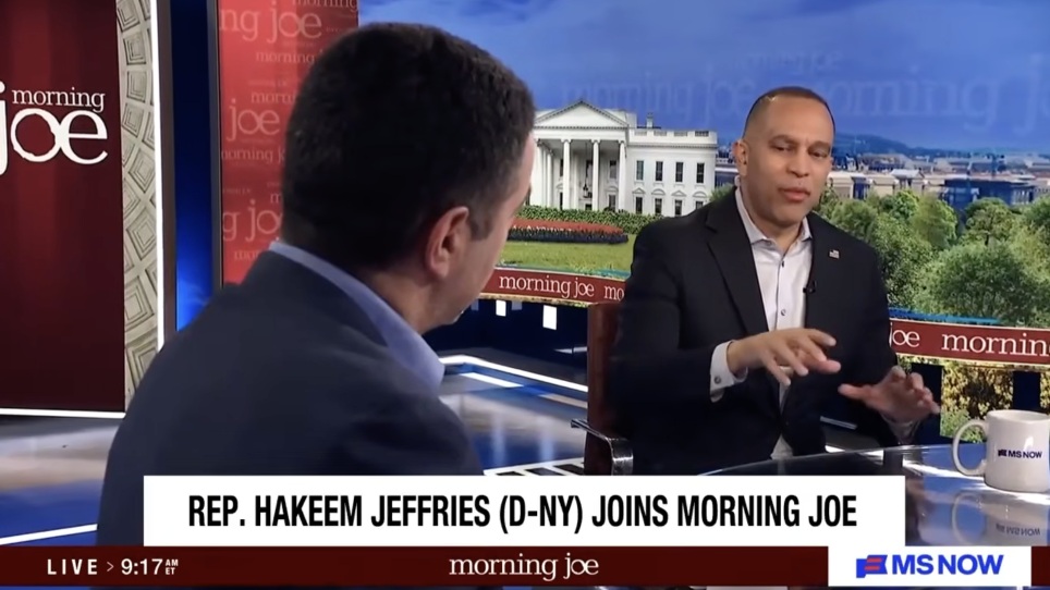 Ari Melber (left) and Leader Jeffries (right) appearing on MS NOW's Morning Joe