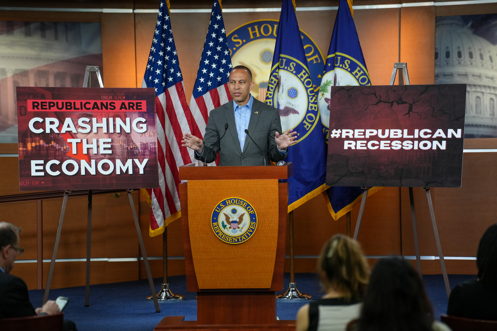 Leader Jeffries Speaking at Weekly Press Conference with posters reading "Republicans Crashing the Economy" and "#Republican Recession"