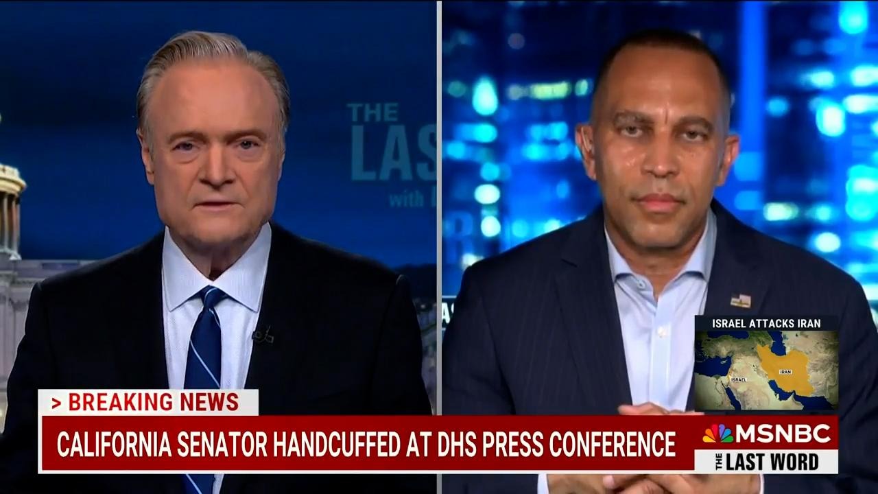 Lawrence O'Donnell (left) and Leader Jeffries (right) appearing on screen