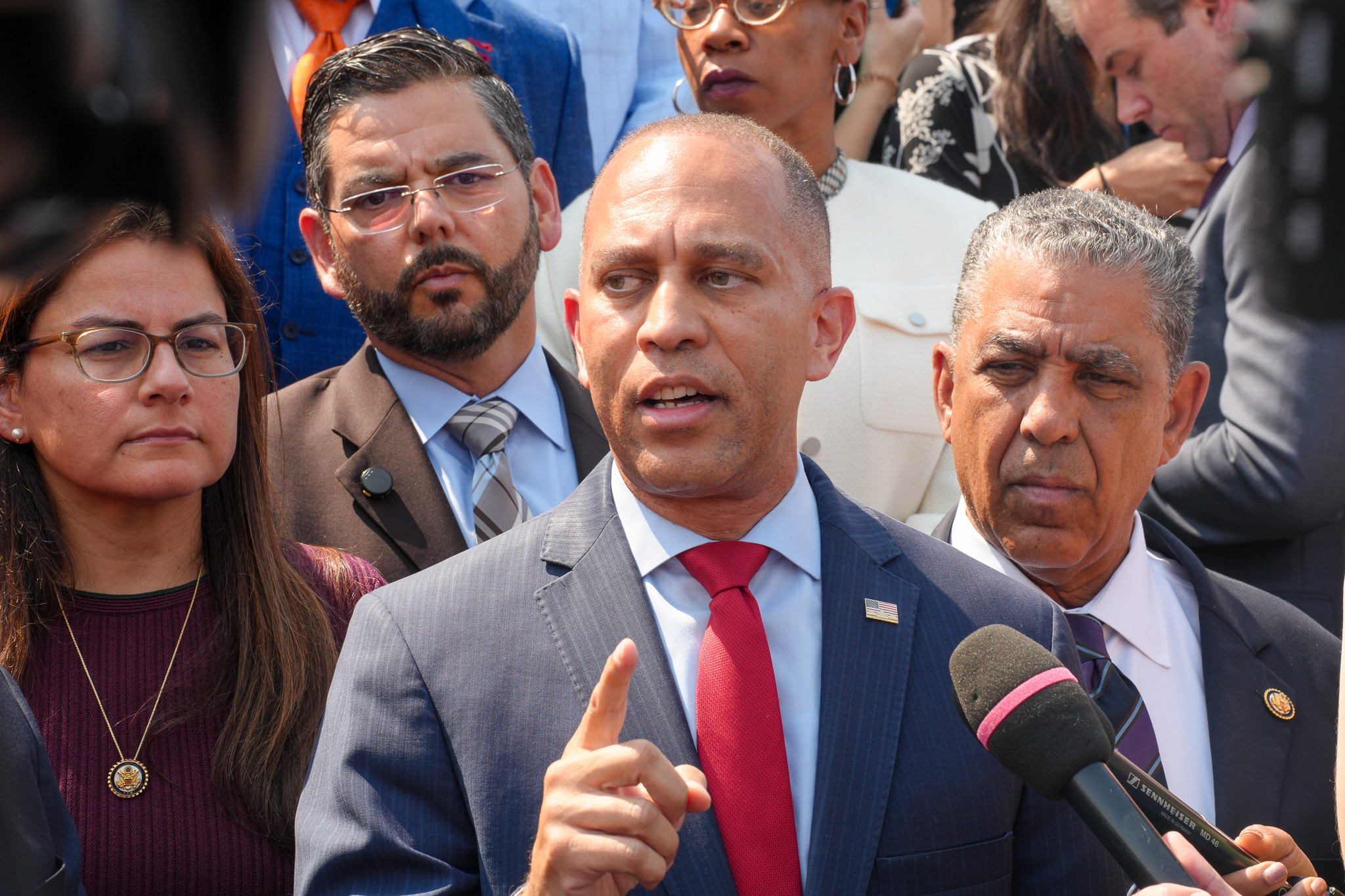 Leader Jeffries Speaking on the House Steps with other Members of Congress (from left) Nanette Barragán, Raul Ruiz, Adriano Espaillat