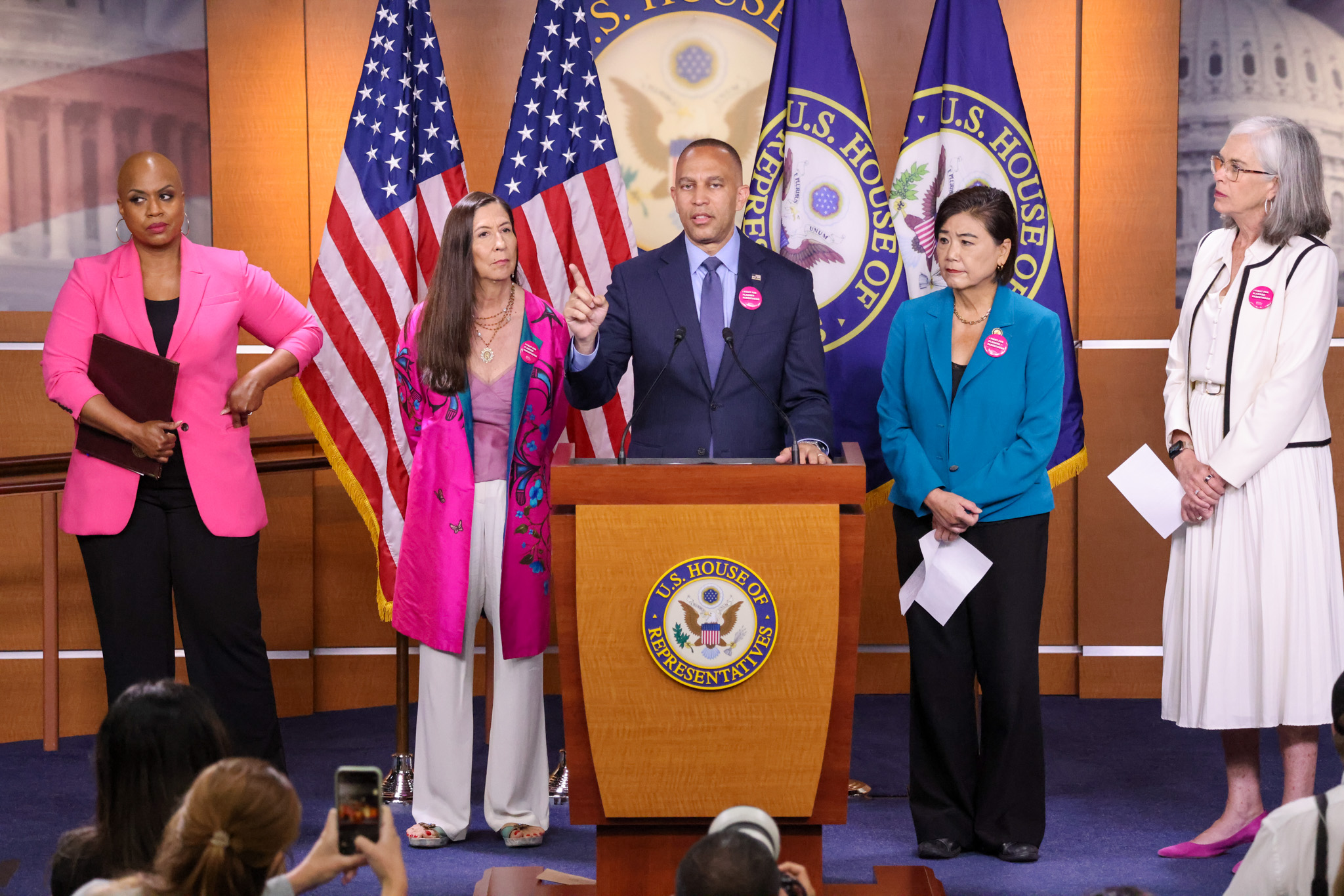 From left to right, Rep. Ayanna Pressley, Rep. Teresa Leger Fernandez, House Democratic Leader Hakeem Jeffries, Rep. Judy Chu and House Democratic Whip Katherine Clark