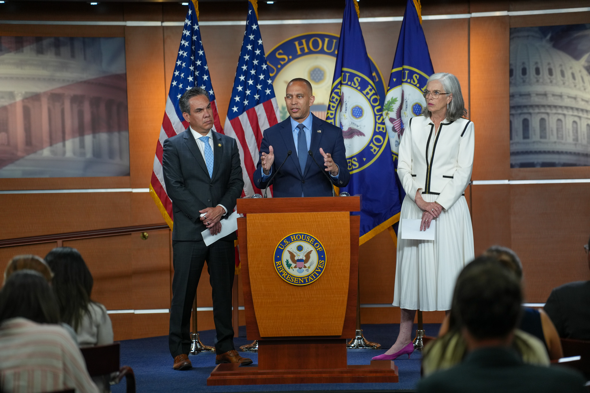 From left to right, House Democratic Caucus Chair Pete Aguilar, House Democratic Leader Hakeem Jeffries and House Democratic Whip Katherine Clark speaking at press conference