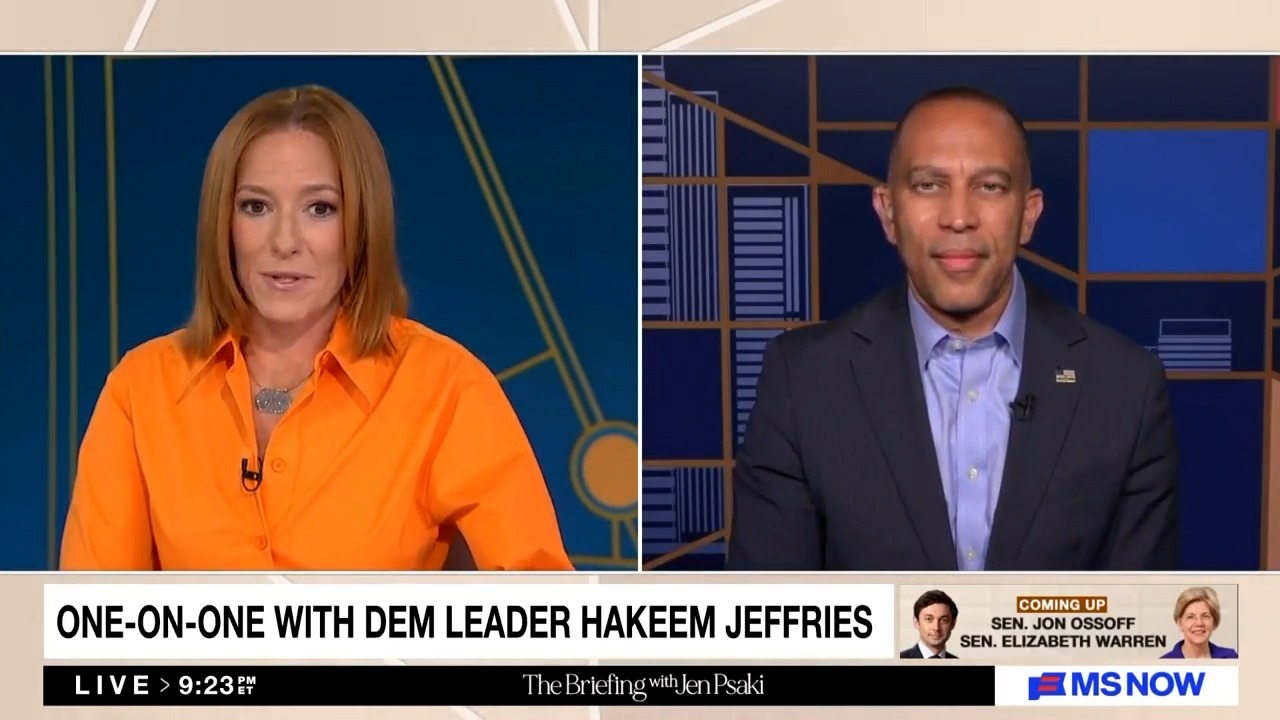 Jen Psaki (left) and Leader Jeffries (right) appearing on MS NOW's The Briefing with Jen Psaki