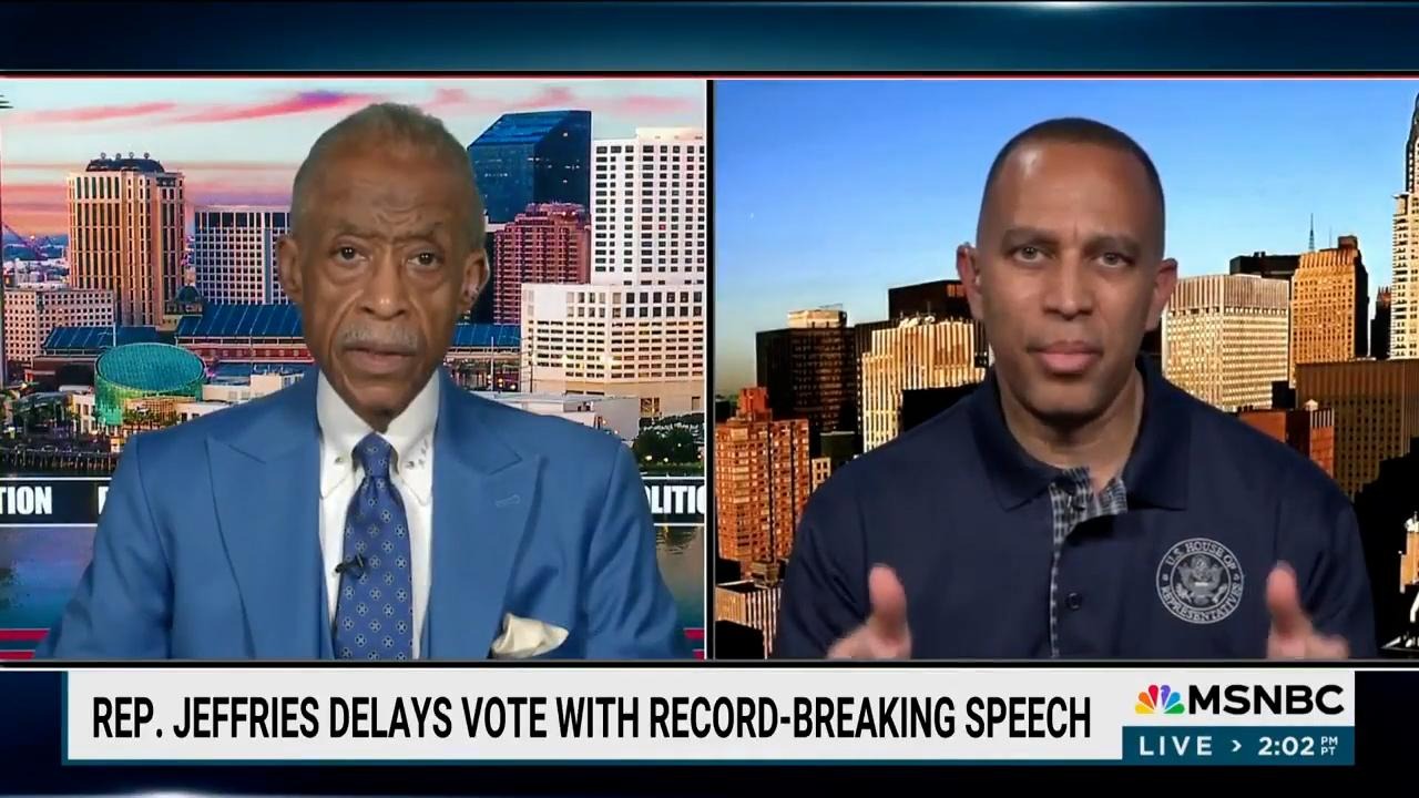 Rev. Al Sharpton (right) and Leader Jeffries (left) appearing on screen