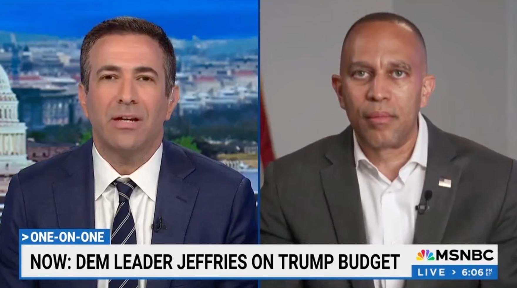 Ari Melber (left) and Leader Jeffries (right) appearing on screen