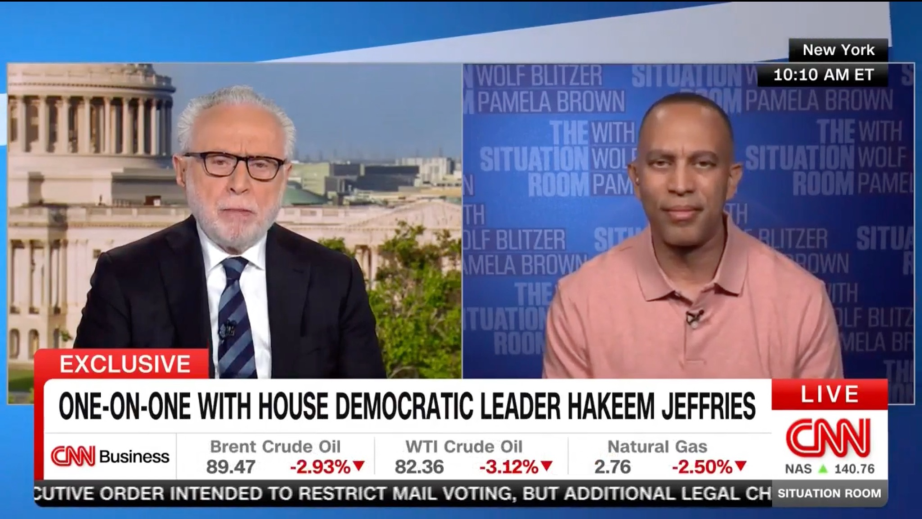 Wolf Blitzer (left) and Leader Jeffries (right) appearing on CNN's The Situation Room