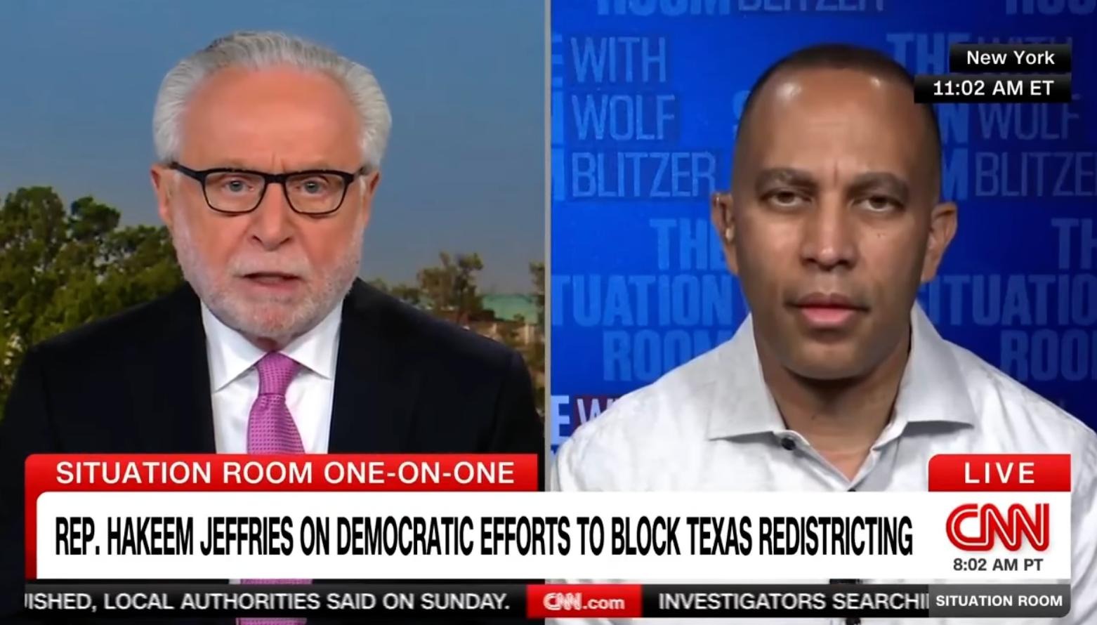Wolf Blitzer (left) and Leader Jeffries (right) appearing on screen