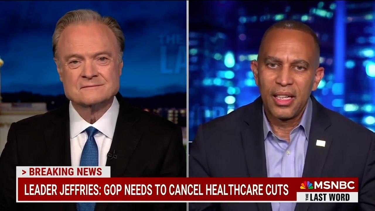 Lawrence O'Donnell (left) and Leader Jeffries (right) appearing on screen