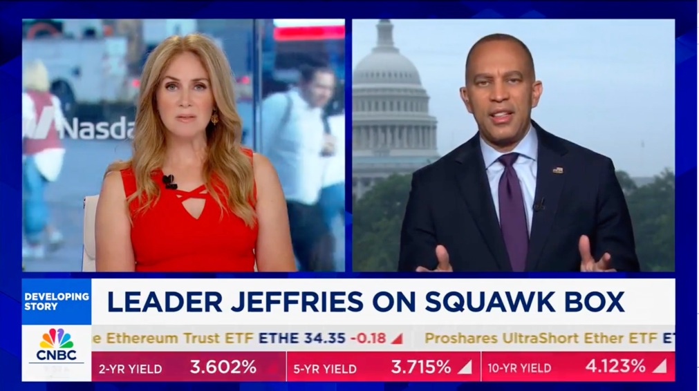 Becky Quick (left) and Leader Jeffries (right) appearing on CNBC's Squawk Box