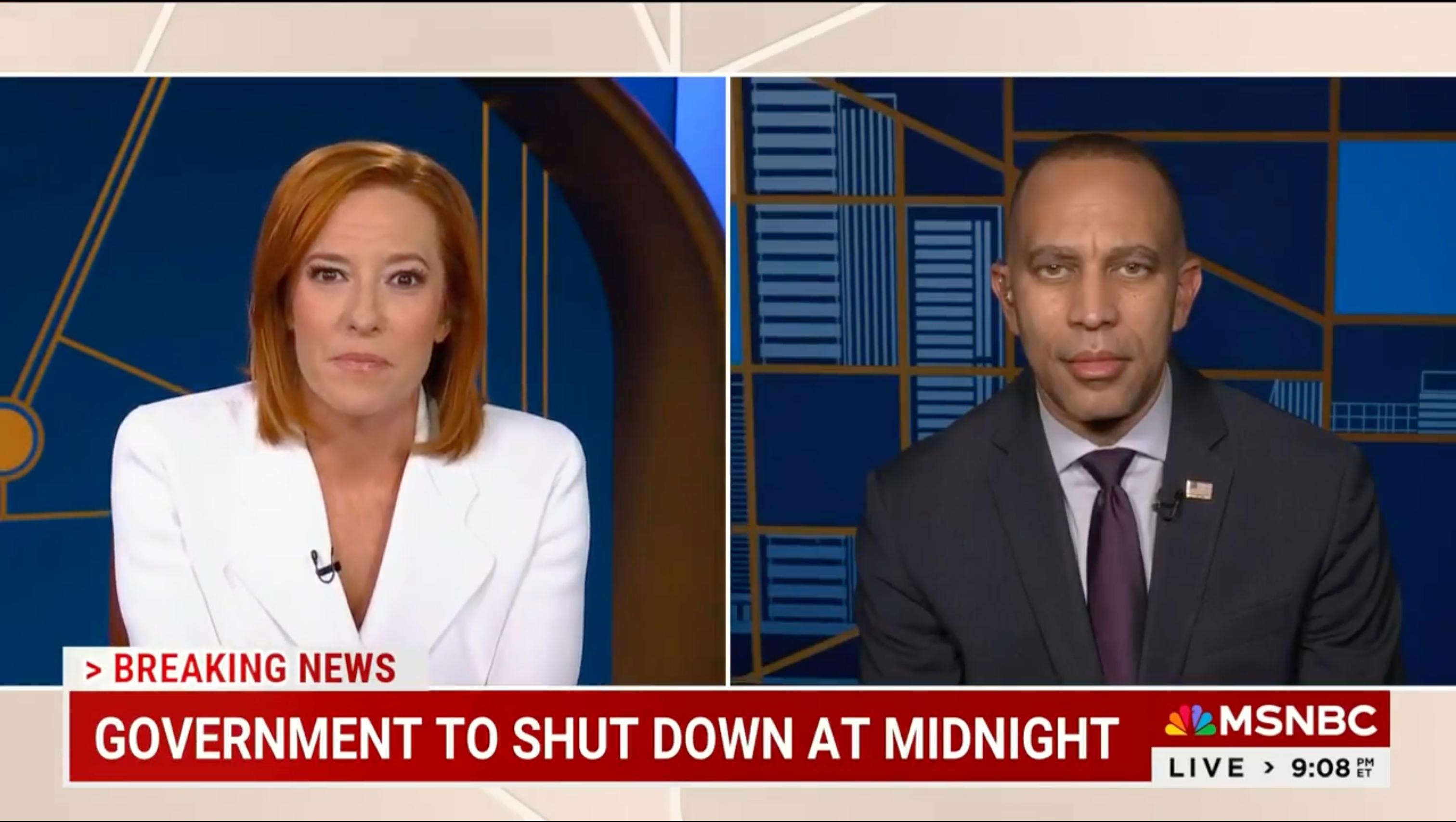 Jen Psaki (left) and Leader Jeffries (right) appearing on The Briefing with Jen Psaki