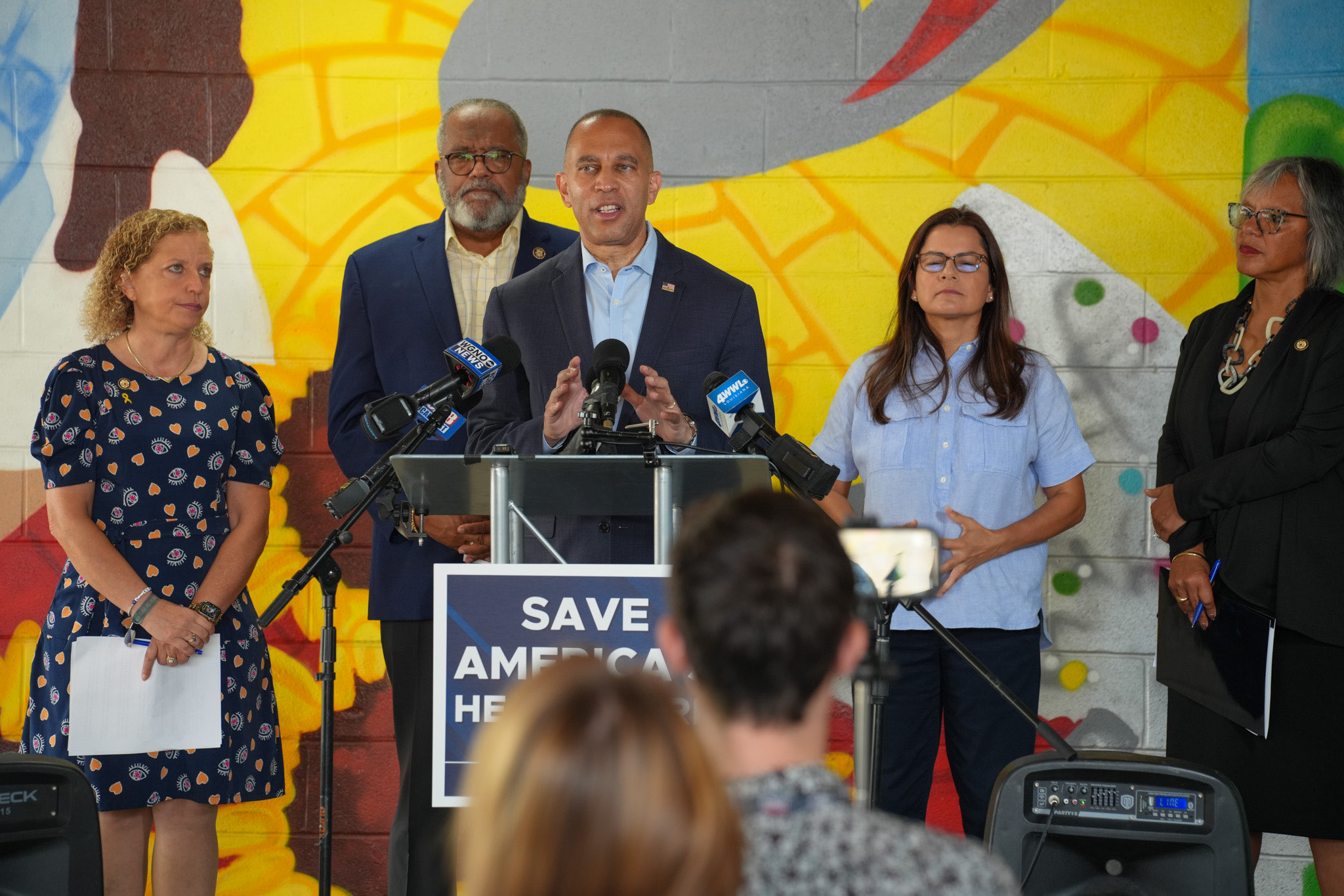 From left to right, Rep. Debbie Wasserman Schultz, Rep. Troy Carter, Democratic Leader Hakeem Jeffries, Rep. Nanette Barragán, Rep. Robin Kelly speaking at a press conference