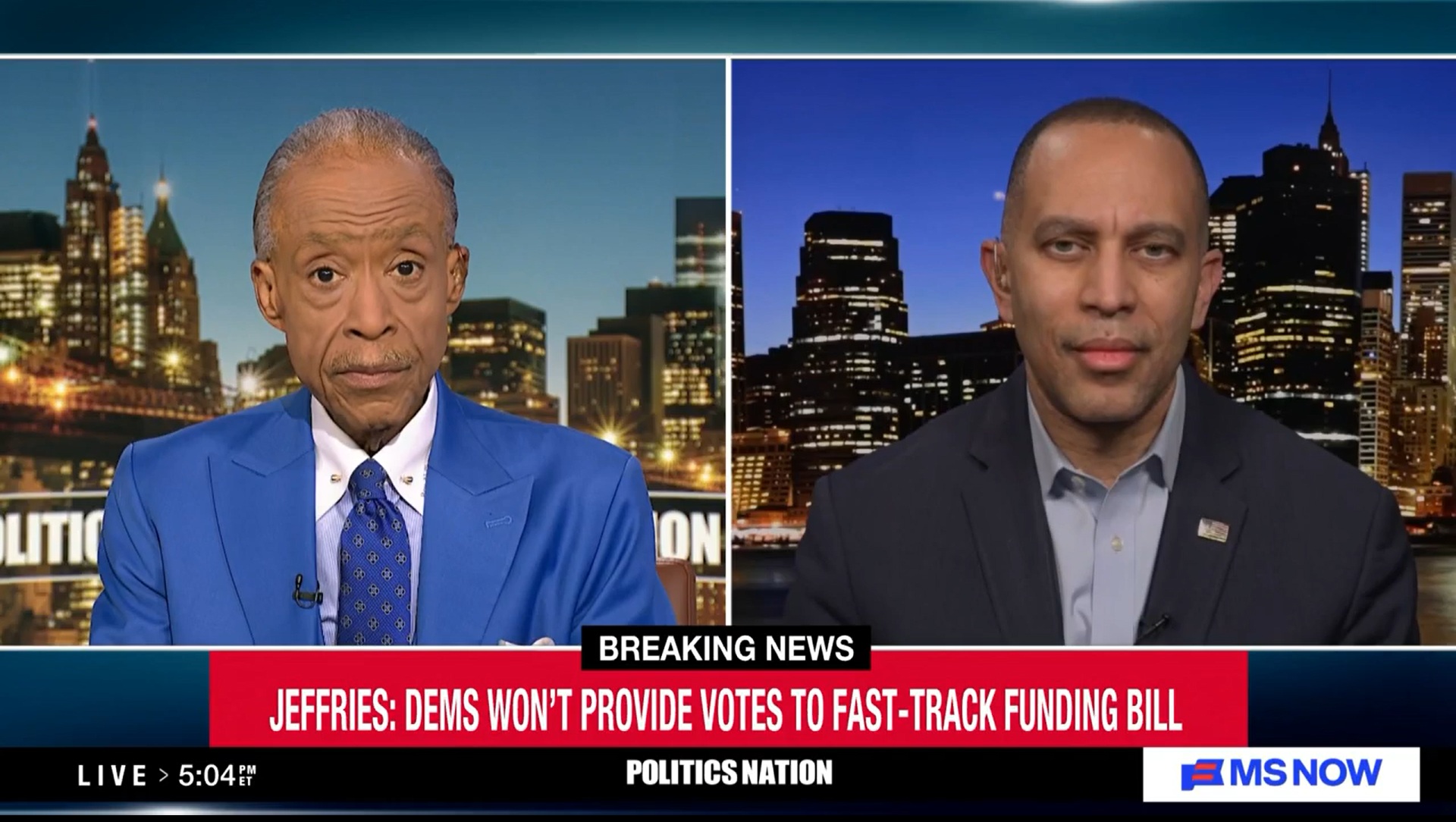 Rev. Al Sharpton (left) and Leader Jeffries (right) appearing on MS NOW's PoliticsNation