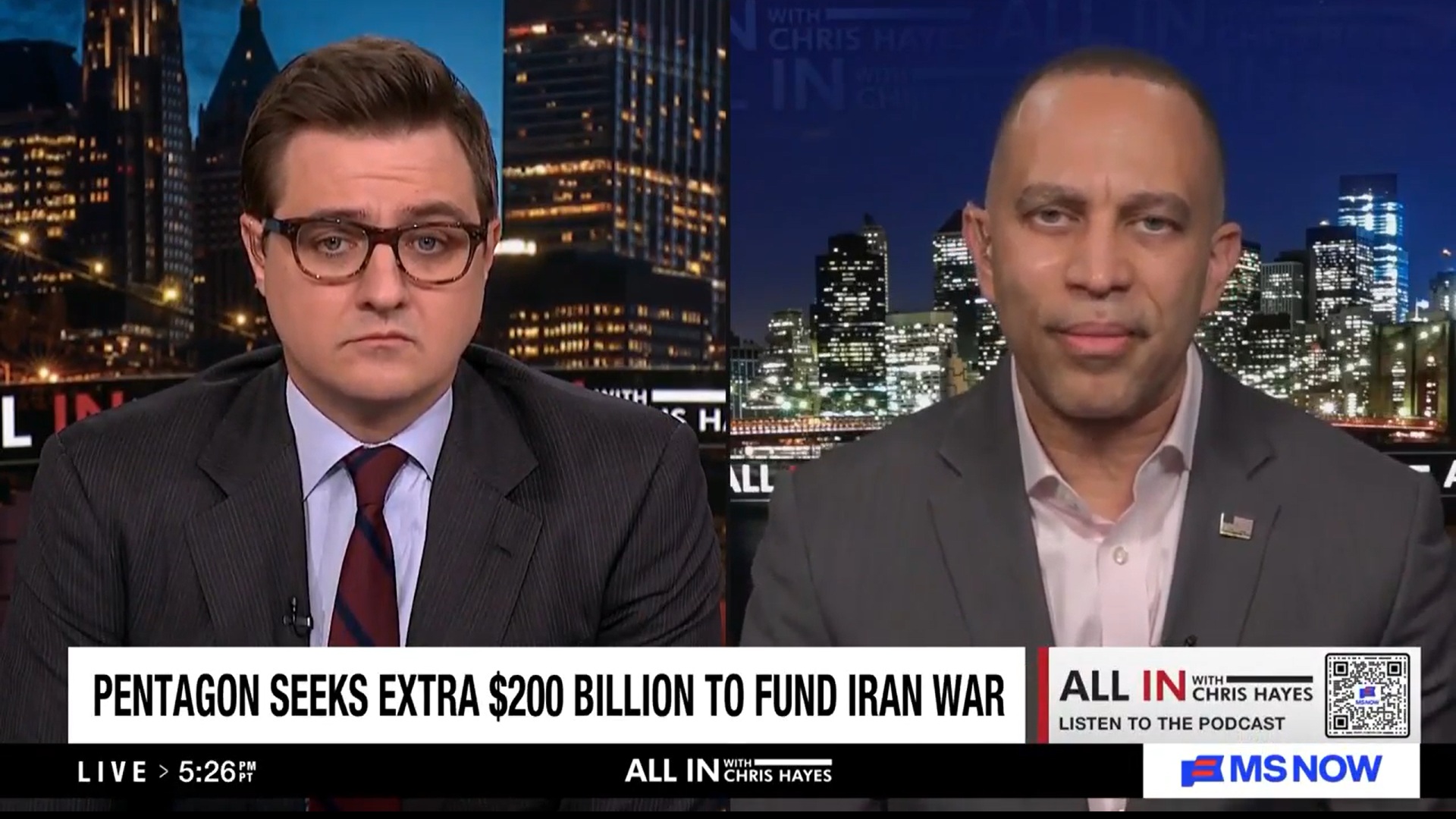 Chris Hayes (left) and Leader Jeffries (right) appearing on MS NOW's All In with Chris Hayes