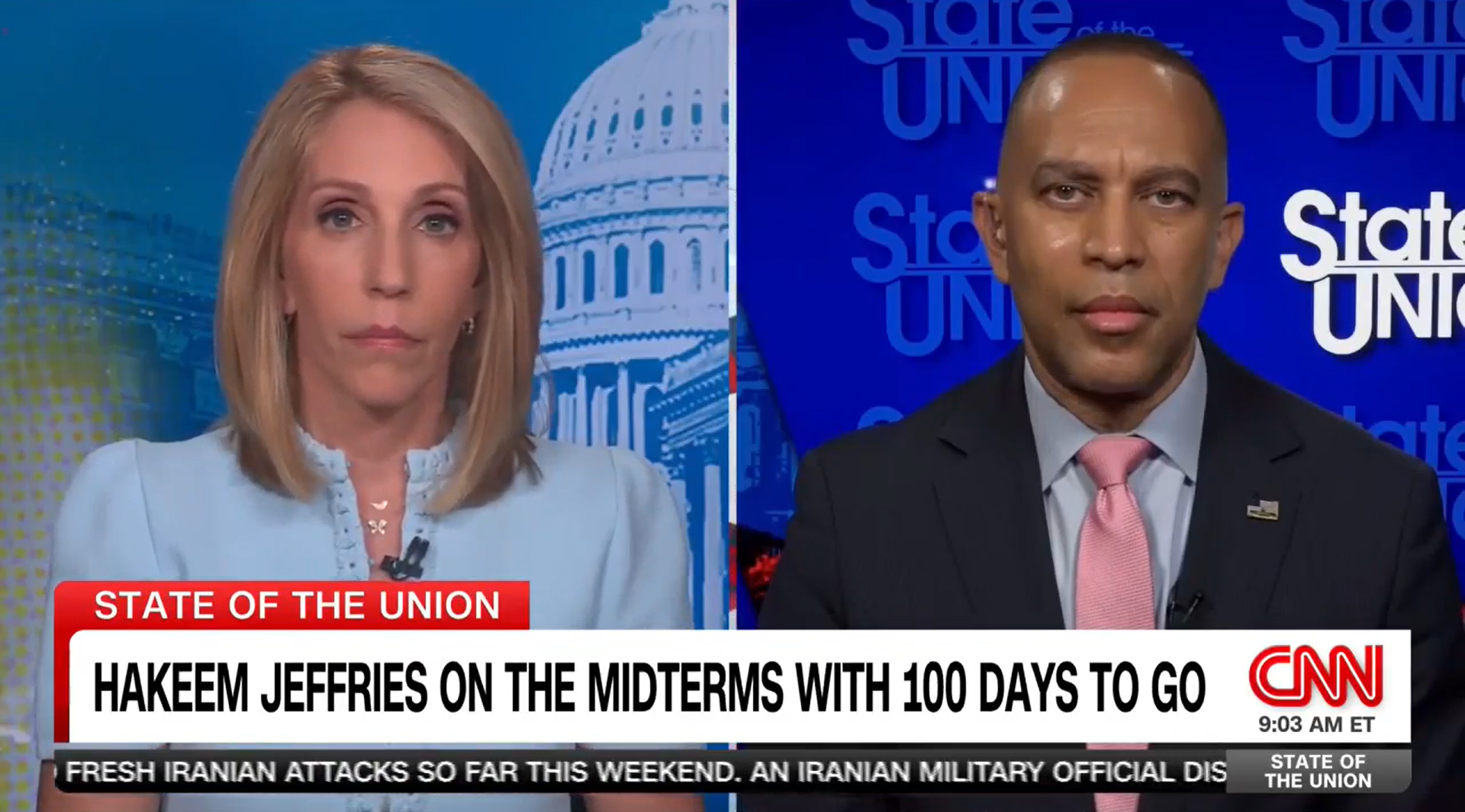 Dana Bash (left) and Leader Jeffries (right) appearing on CNN's State of the Union