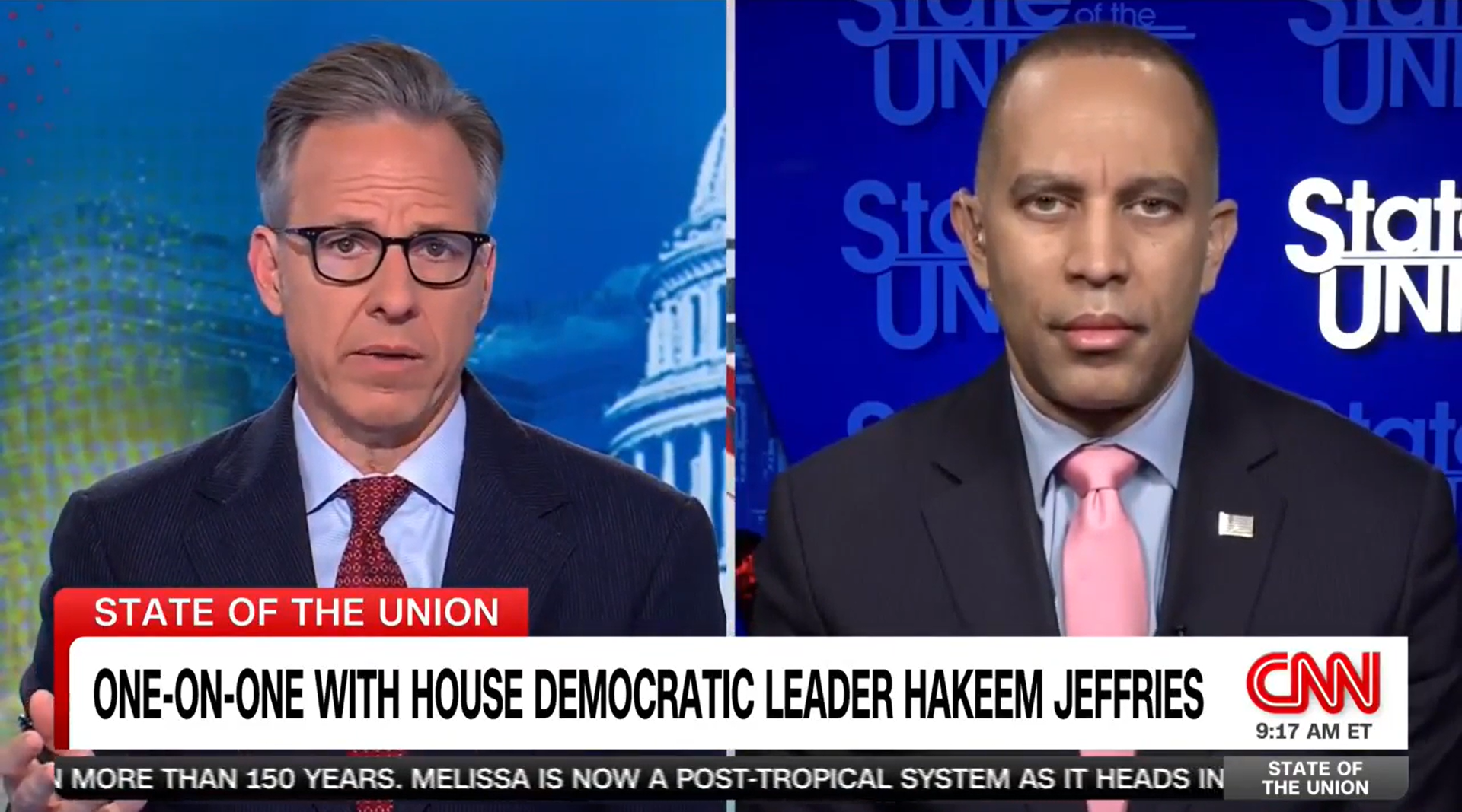 Jake Tapper (left) and Leader Jeffries (right) appearing on CNN's State of the Union