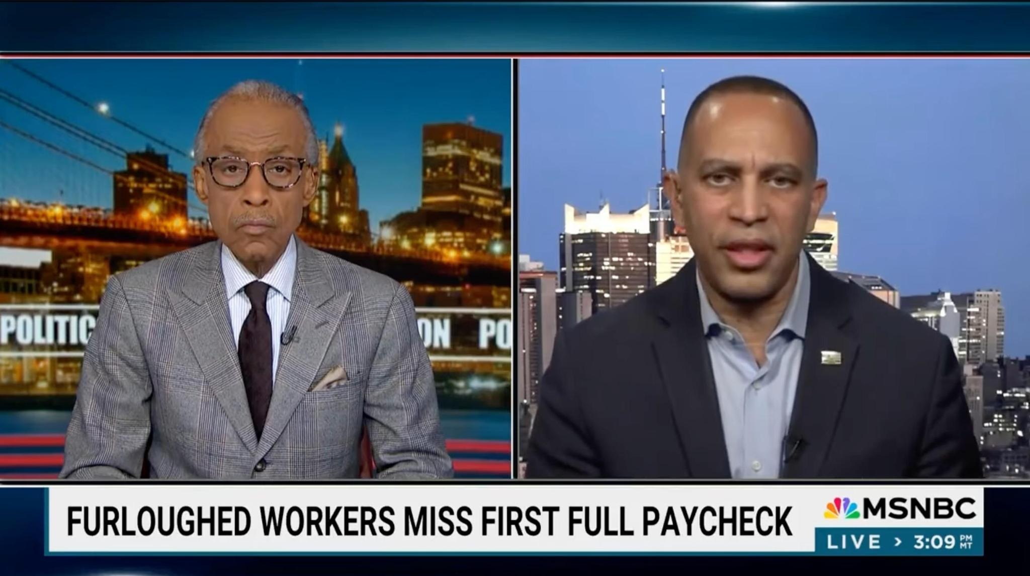 Rev. Al Sharpton (left) and Leader Jeffries (right) appearing on MSNBC's PoliticsNation