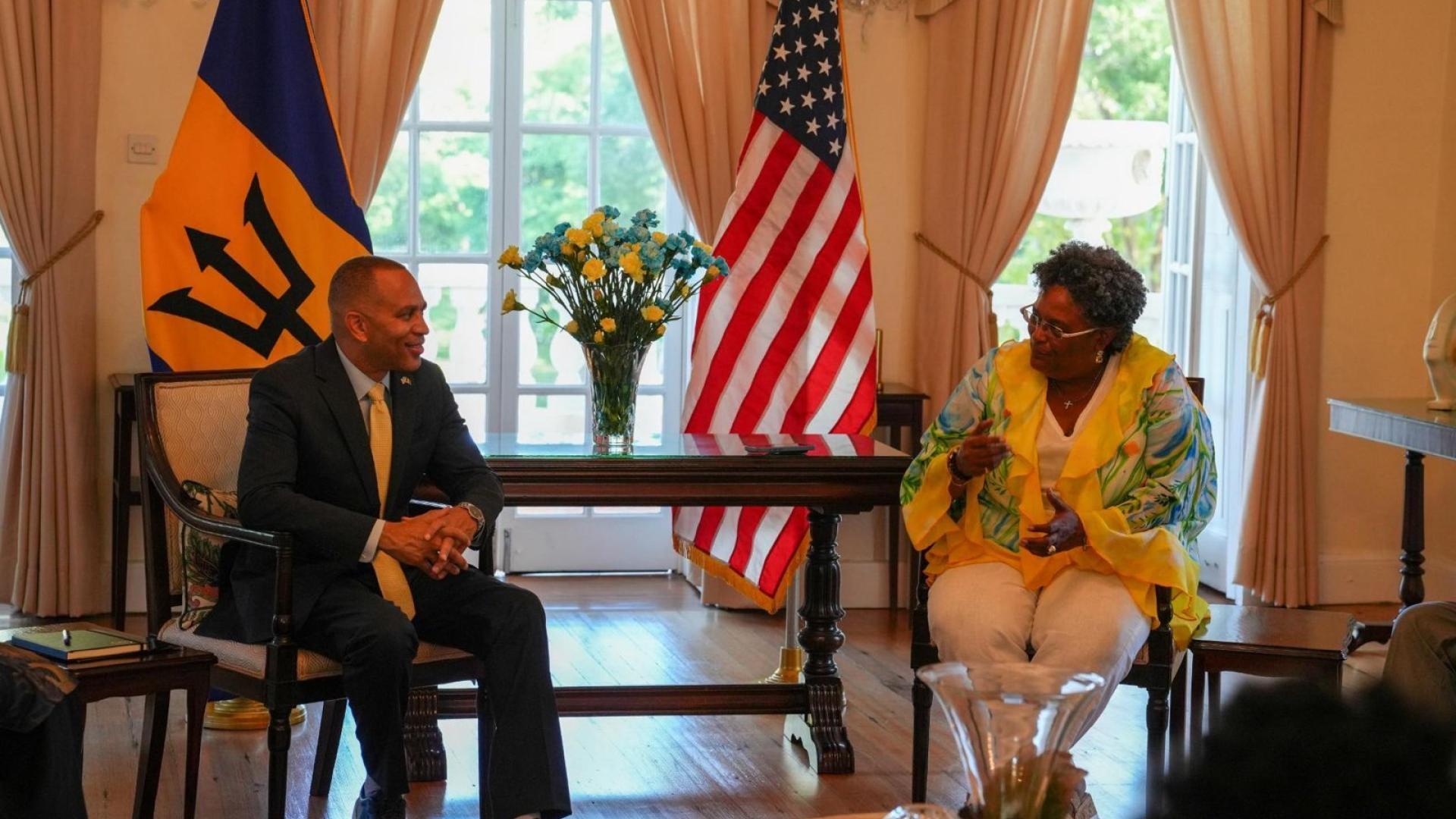 Leader Jeffries (left) and Barbados Prime Minister Mia Mottley (right)