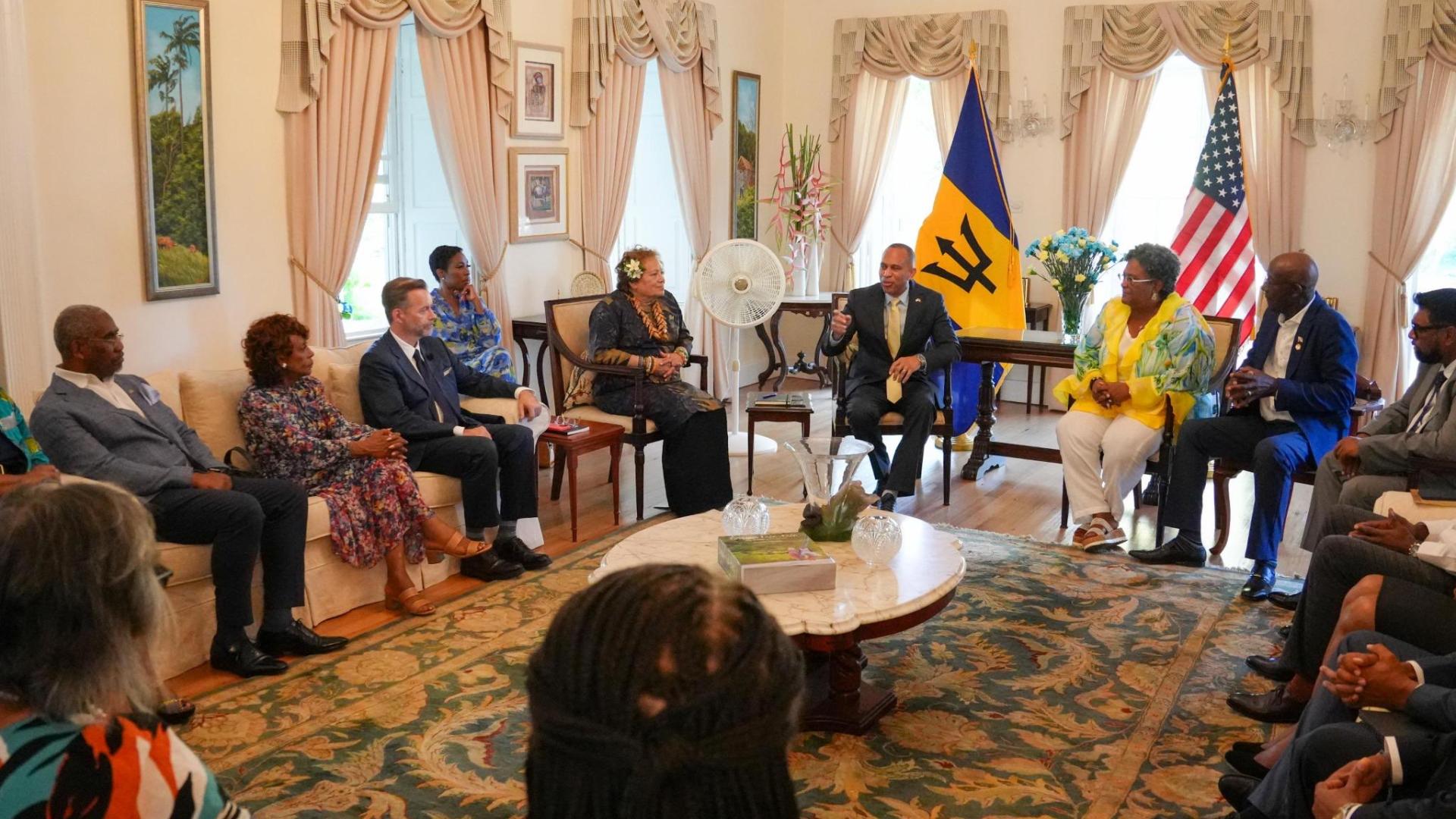 Group Photo. From left, Rep. Maxine Waters (D-CA-43), Ambassador Roger Nyhus, Rep. Amata Coleman Radewagen (R-American Samoa), Democratic Leader Hakeem Jeffries (D-NY-08), Prime Minister of Barbados Mia Mottley, Prime Minister of Trinidad and Tobago Keith Rowley, President of Guyana Irfaan Ali