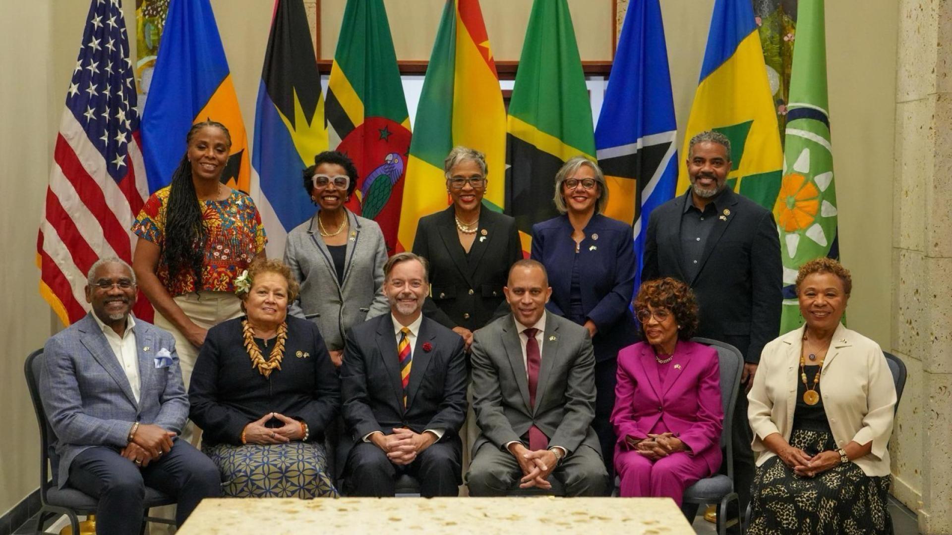 Group Photo. From left, Rep. Gregory Meeks (NY-05), Rep. Stacey Plaskett (D-Virgin Islands), Rep. Amata Coleman Radewagen (R-American Samoa), Rep. Yvette Clarke (NY-09), Ambassador Roger Nyhus, Rep. Joyce Beatty (OH-03), Democratic Leader Hakeem Jeffries (NY-08), Rep. Robin Kelly (IL-02), Rep. Maxine Waters (CA-43), Rep. Steven Horsford (NV-04), Rep. Barbara Lee (CA-12) 