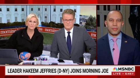 Mika Brzezinski (left), Joe Scarborough (center), Leader Jeffries (right) appearing on screen