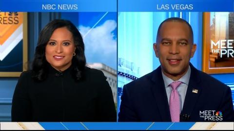 Leader Jeffries (left) appearing on screen with Kristen Welker (right)