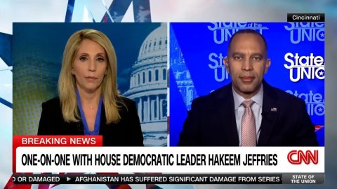 Leader Jeffries (left) appearing on screen with Dana Bash (right)