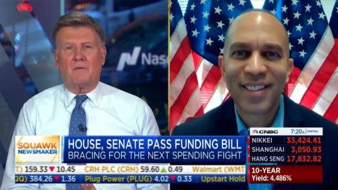 Leader Jeffries (right) appearing on screen with Joe Kernen (left)