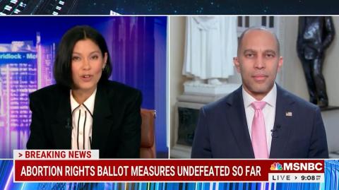 Leader Jeffries (left) appearing on screen with Alex Wagner (right)
