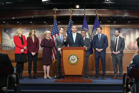(from left to right) Rep. Abigail Spanberger, Rep. Mikie Sherrill, Rep. Chrissy Houlahan, Rep. Jake Auchincloss, Democratic Leader Hakeem Jeffries, Rep. Salud Carbajal, Rep. Seth Moulton, Rep. Jason Crow