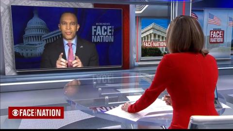 Leader Jeffries (left) appearing on screen with Margaret Brennan (right)