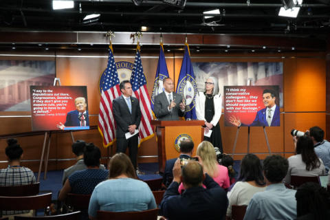 Leader Jeffries Speaking at Press Conference with Caucus Chair Pete Aguilar (left) and Whip Katherine Clark (right)