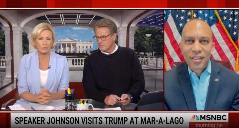 Mika Brzezinski and Joe Scarborough (left), Leader Jeffries (right) appearing on screen