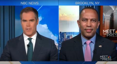 Peter Alexander (left) appearing on screen with Leader Jeffries (right)