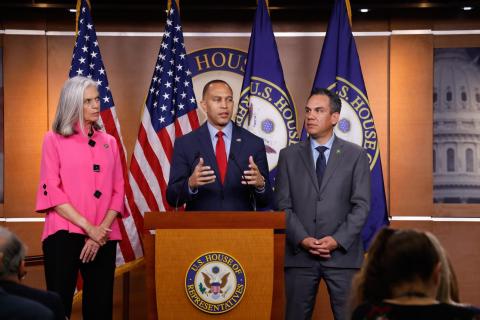Leader Jeffries (center) in Studio A with Whip Katherine Clark (left) and Caucus Chair Pete Aguilar (right)