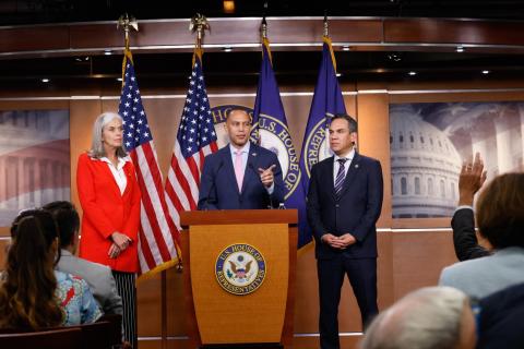 Leader Jeffries (center) in Studio A with Whip Katherine Clark (left) and Caucus Chair Pete Aguilar (right)