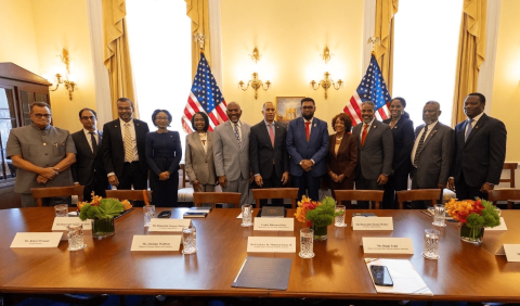 Leader Jeffries and Guyanese President Irfan Ali joined by delegation in group photo