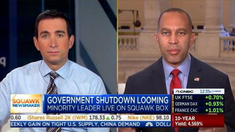 Leader Jeffries (right) and Andrew Ross Sorkin (left) appearing on screen