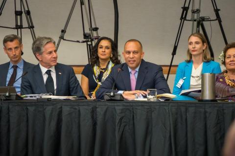 Leader Jeffries seated with Secretary of State Antony Blinken