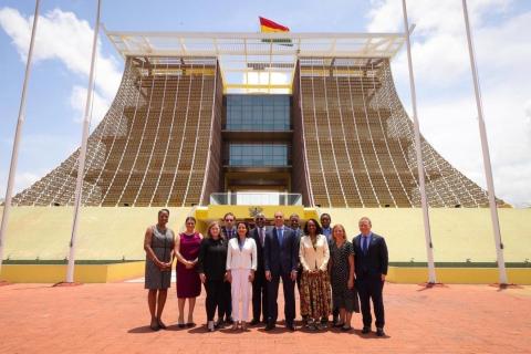 Members of the Congressional Delegation to Ghana pose for a group photo in front of Ghana's Jubilee House