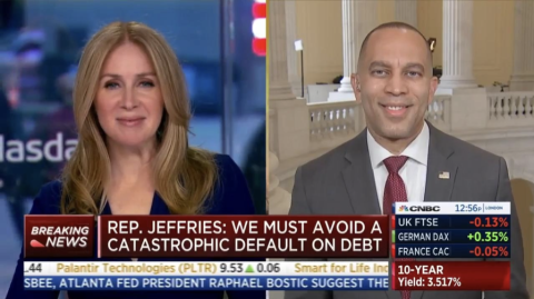 Leader Jeffries (right) and Rebecca Quick (left) appearing on screen